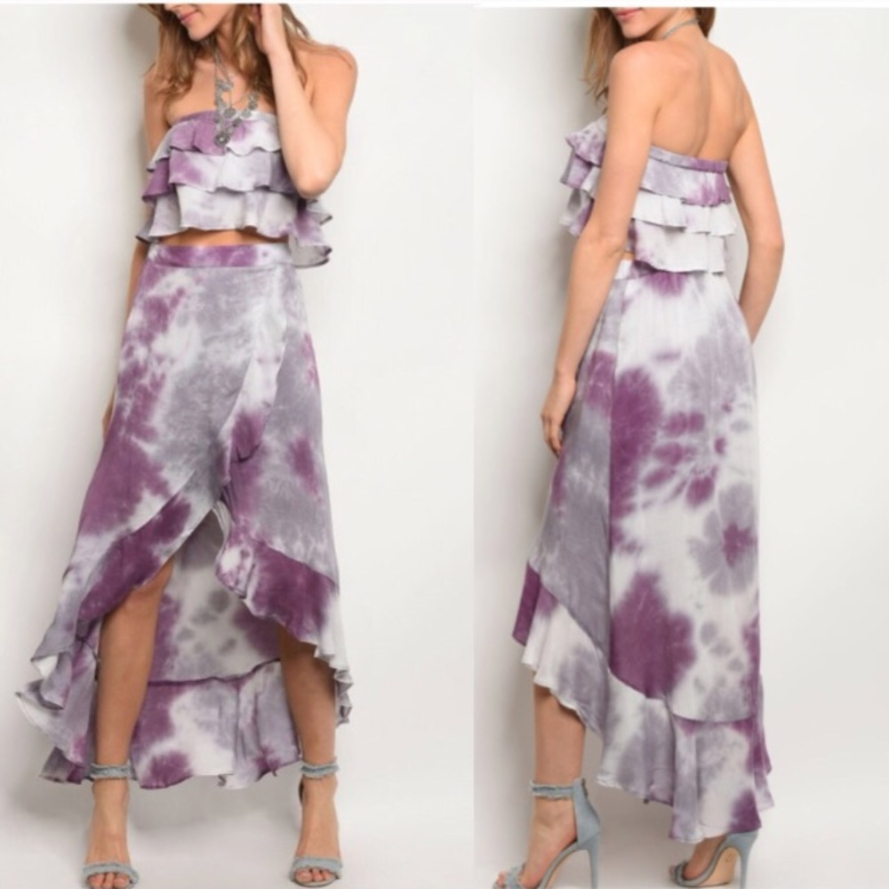 LAST Tie Dye Ruffle Crop Top Hi Low 2pc Skirt Set - Picture 2 of 6
